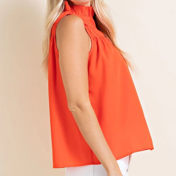 Glam | NWT Orange Ruffle Mock Neck Sleeveless Tank Small - Picture 2 of 9